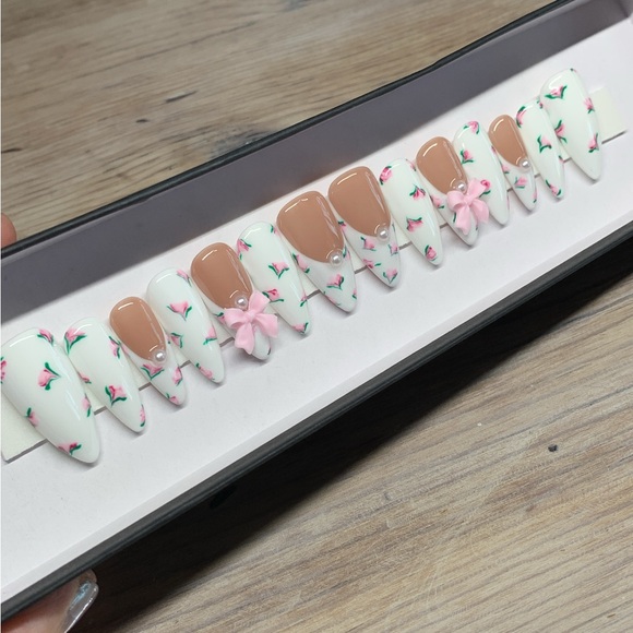 Almond Frenchies With Hand Painted Pink Flowers and Bows